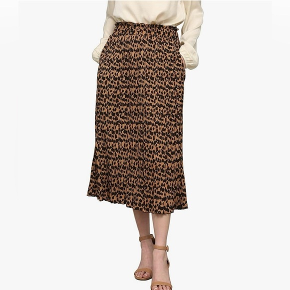 Dresses & Skirts - High Waist Polka Dot Pleated Midi Swing Skirt with Pockets -brown